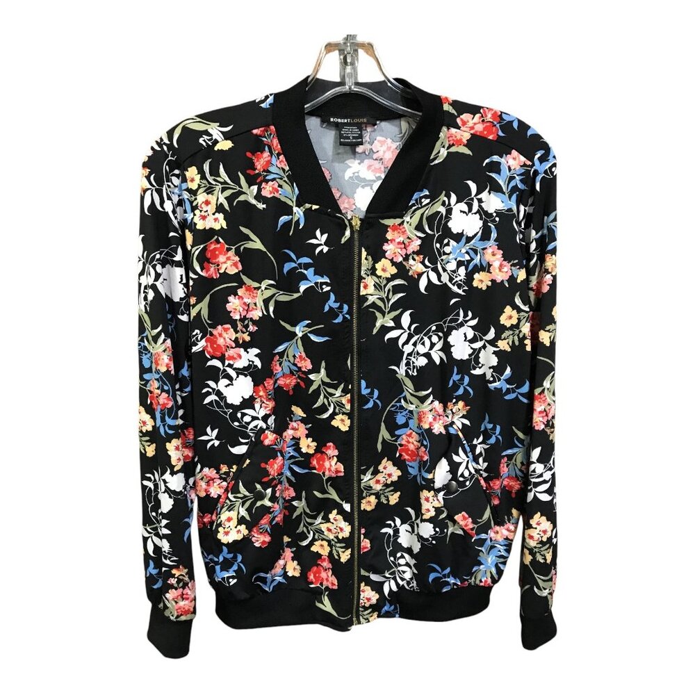 Robert Louis Black Floral Pattern Zipper Front‎ Long Sleeve